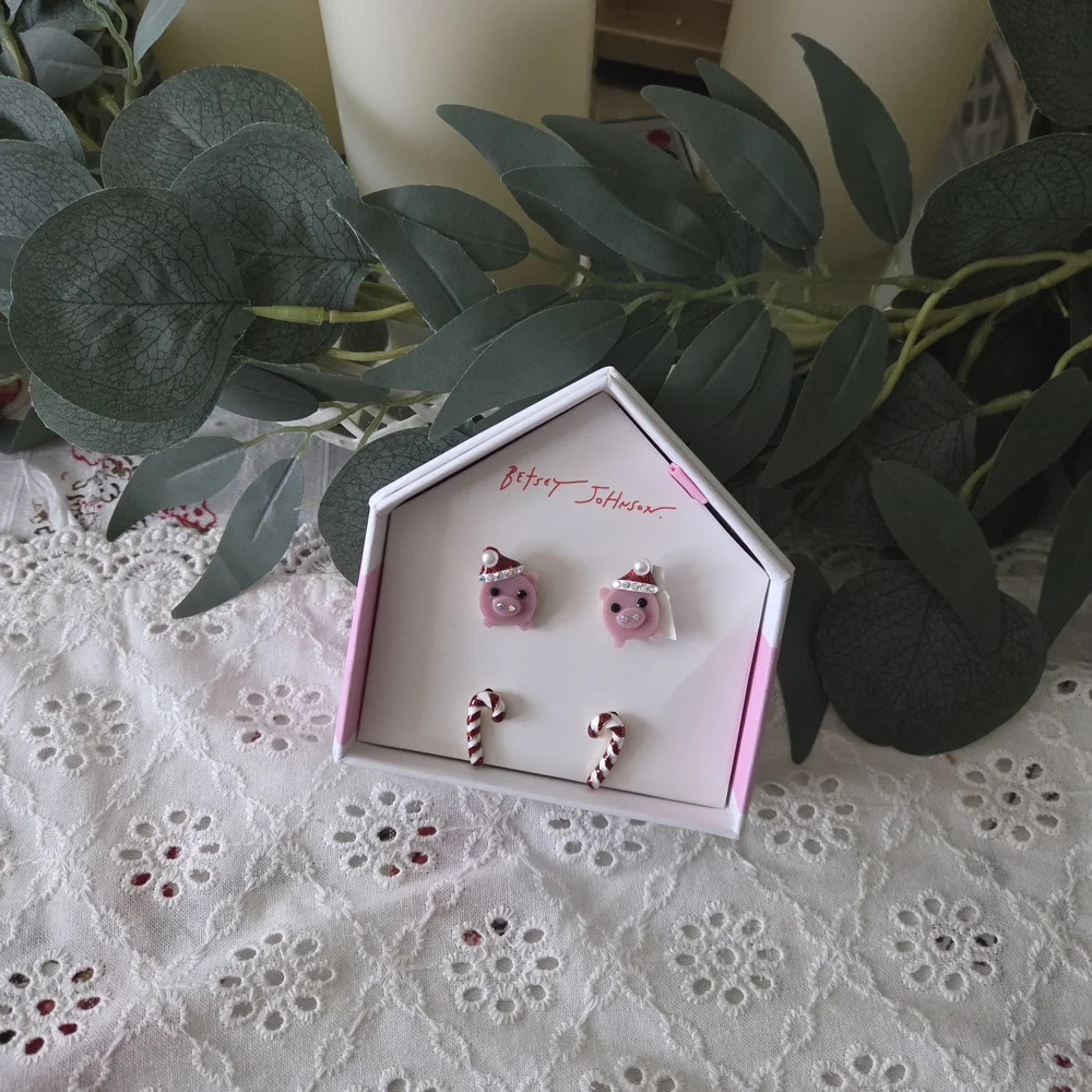 Betsey Johnson Festive Pink Pig Earrings with Candy Canes - Picture 2 of 4
